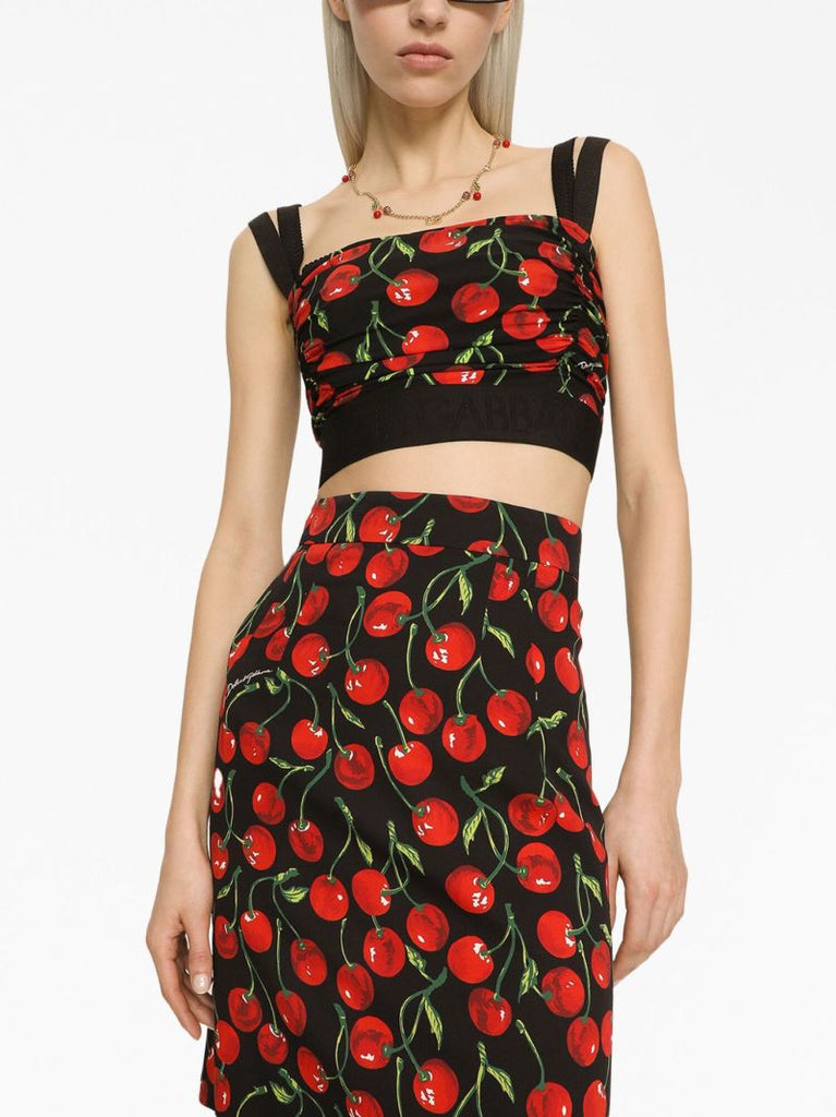 Black Cherry Print Ruched Crop Top