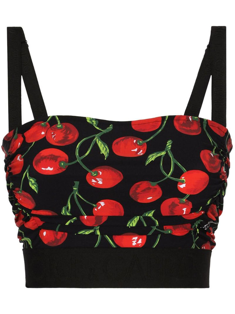 Black Cherry Print Ruched Crop Top