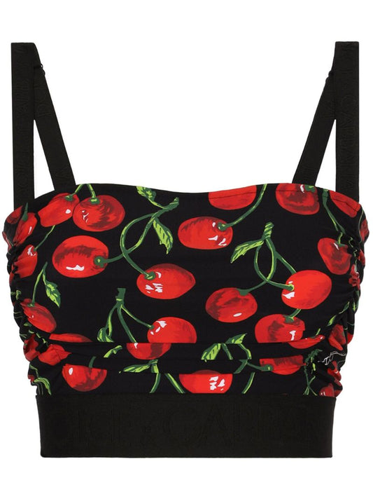 Black Cherry Print Ruched Crop Top