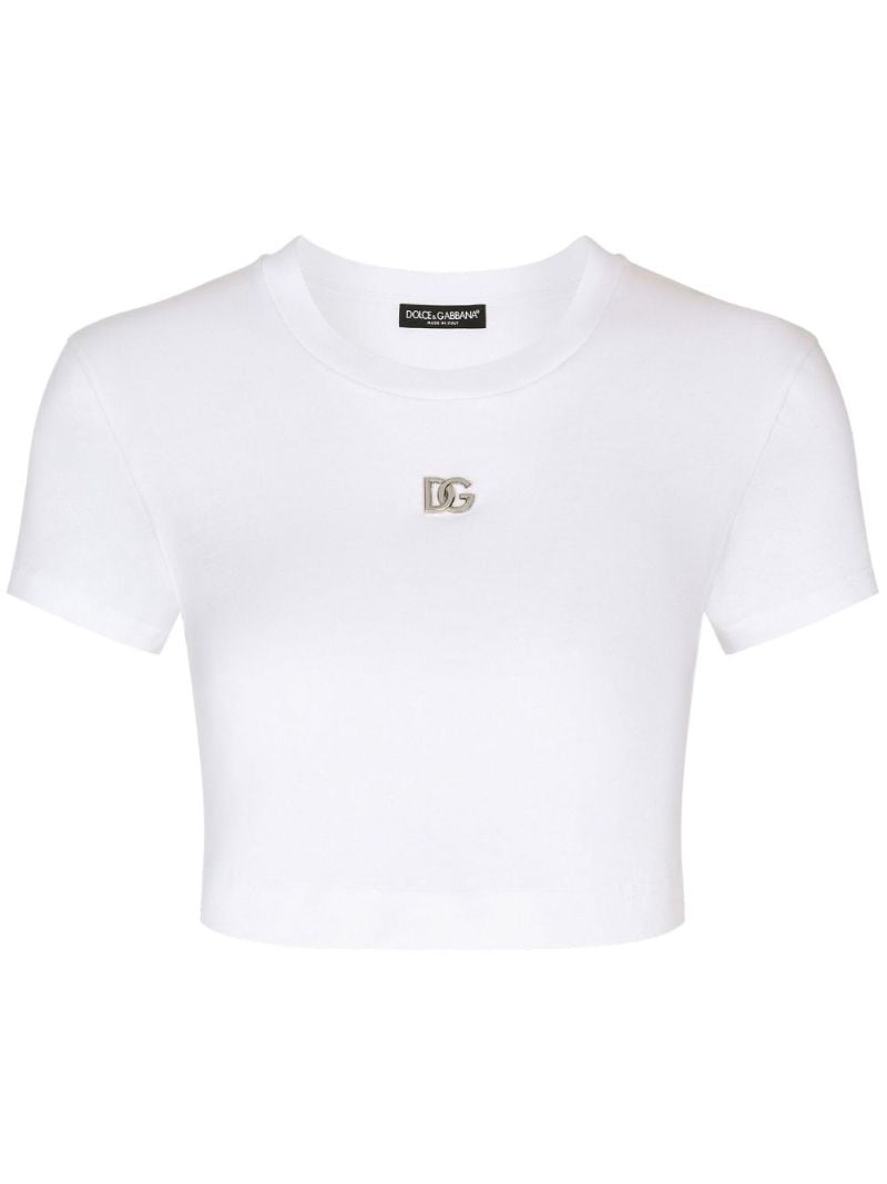 White Logo Plaque Cropped Cotton T-shirt