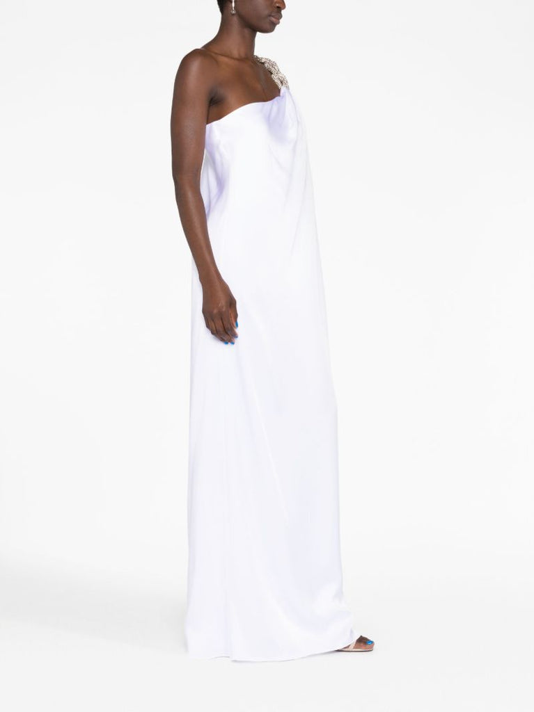 White Crystal-embellished One-shoulder Gown