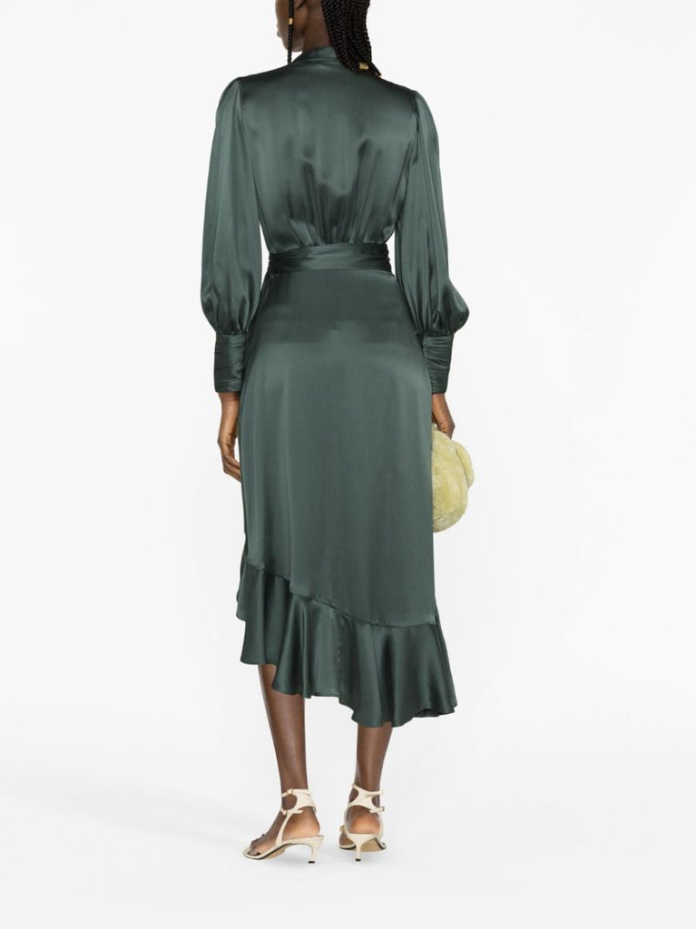 Green Wrap Silk Midi Dress