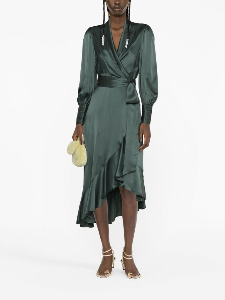 Green Wrap Silk Midi Dress