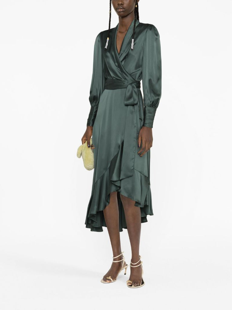 Green Wrap Silk Midi Dress
