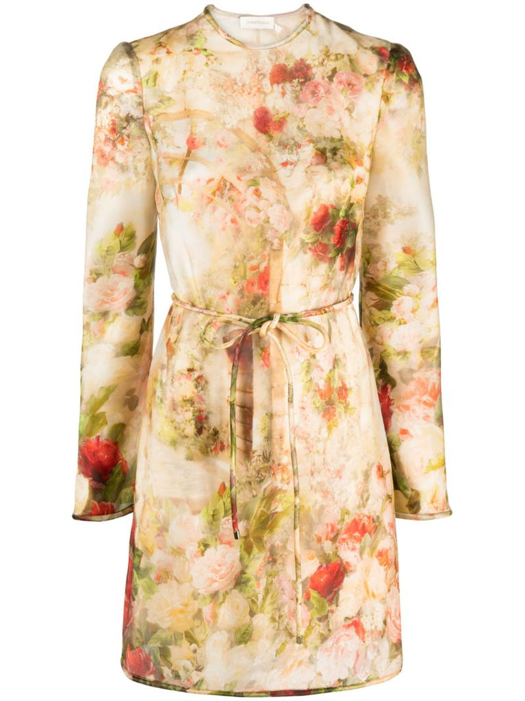 Neutral Luminosity Floral Print Silk Dress