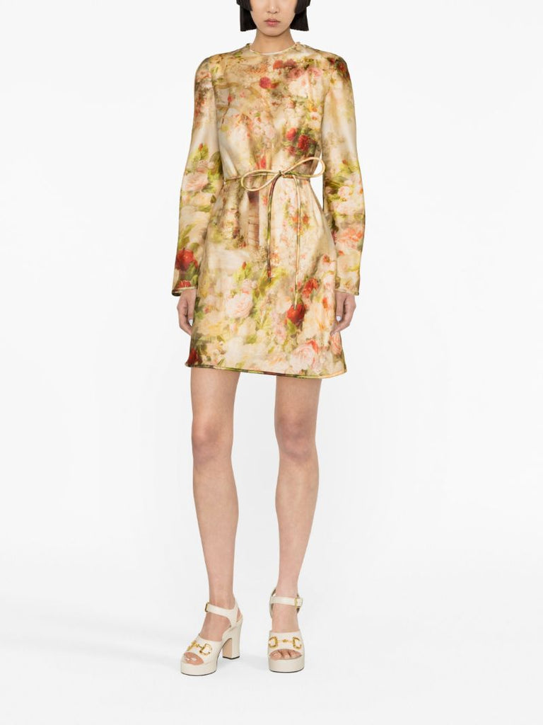 Neutral Luminosity Floral Print Silk Dress