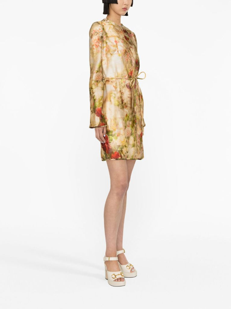 Neutral Luminosity Floral Print Silk Dress