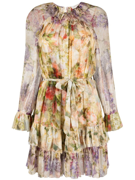 Neutral Luminosity Floral-print Silk Mini Dress