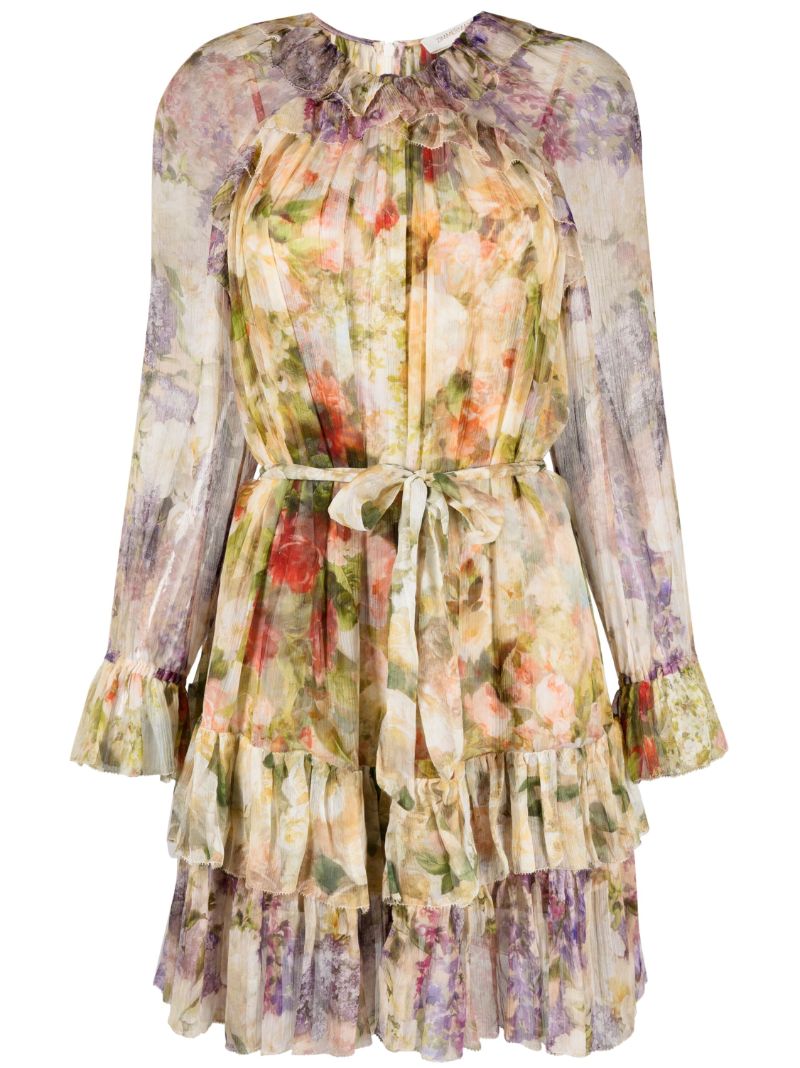 Neutral Luminosity Floral-print Silk Mini Dress