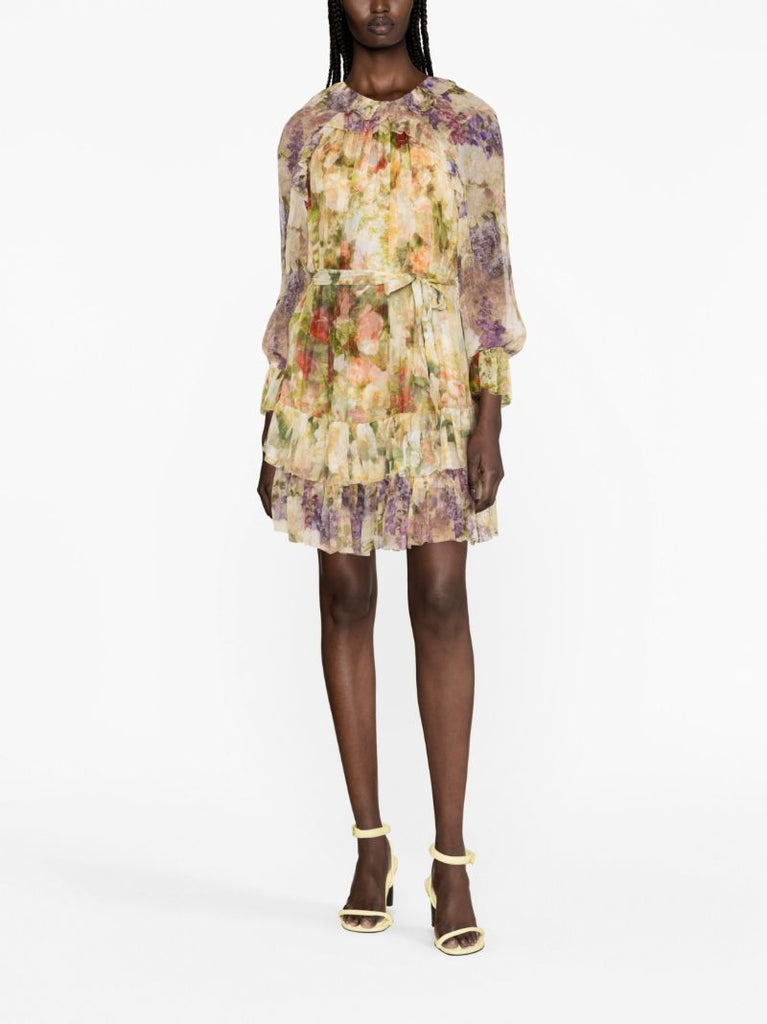 Neutral Luminosity Floral-print Silk Mini Dress