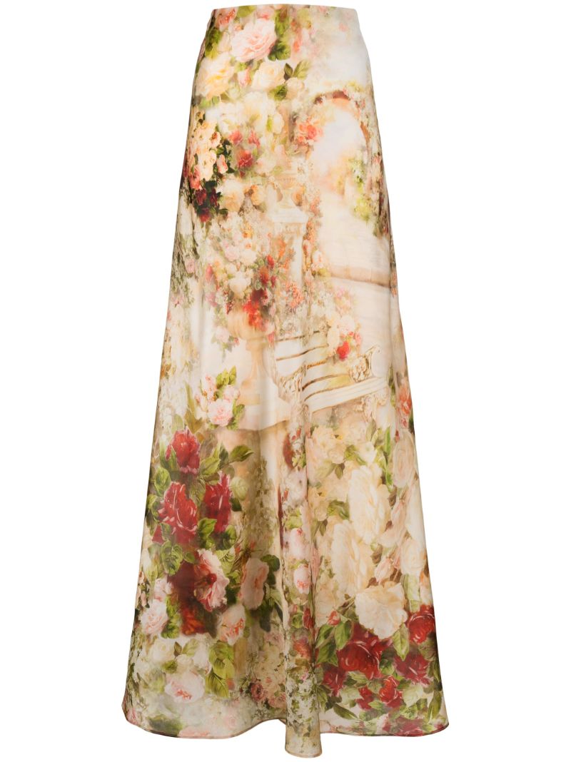 Neutral Luminosity Floral Print Silk Skirt