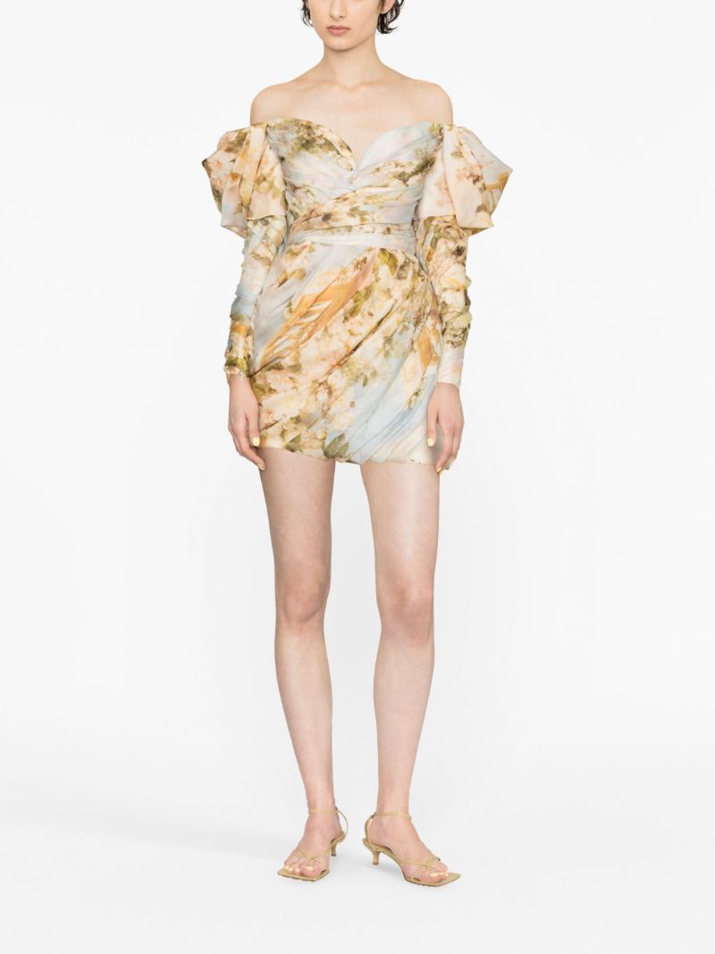 Neutral Luminosity Floral Print Draped Mini Dress