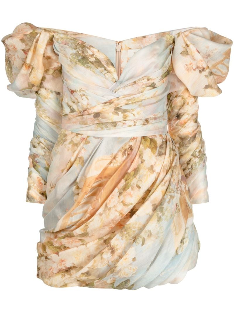 Neutral Luminosity Floral Print Draped Mini Dress