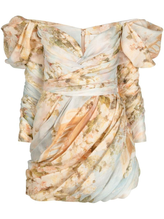 Neutral Luminosity Floral Print Draped Mini Dress