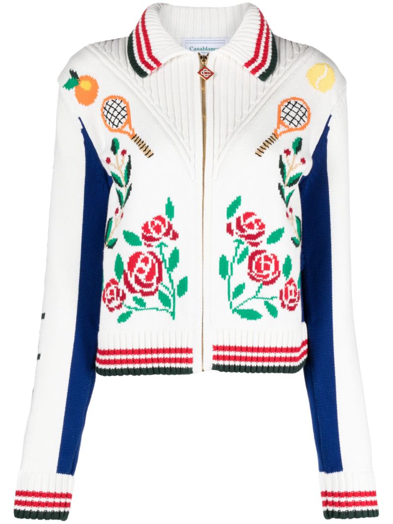 White Laurel Intarsia-knit Cardigan