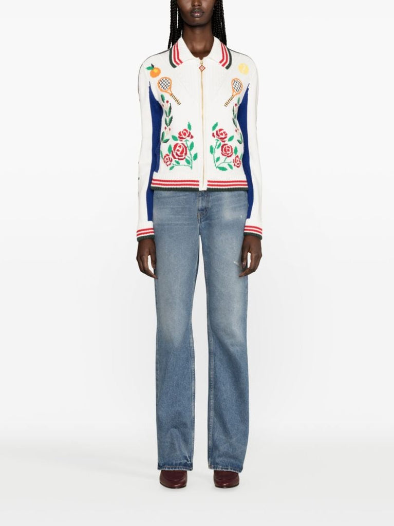 White Laurel Intarsia-knit Cardigan