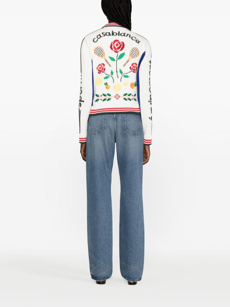 White Laurel Intarsia-knit Cardigan