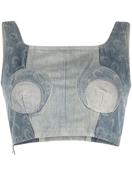Blue Cropped Denim Bustier Top