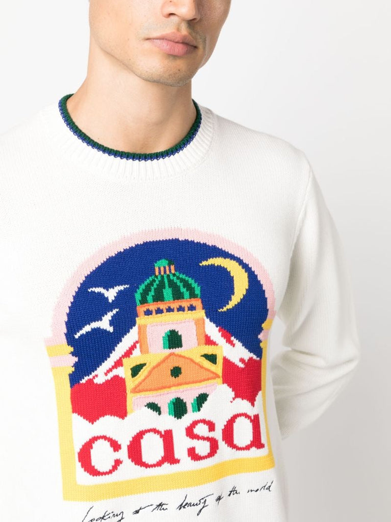 White Casa Intarsia-knit Cotton Sweater