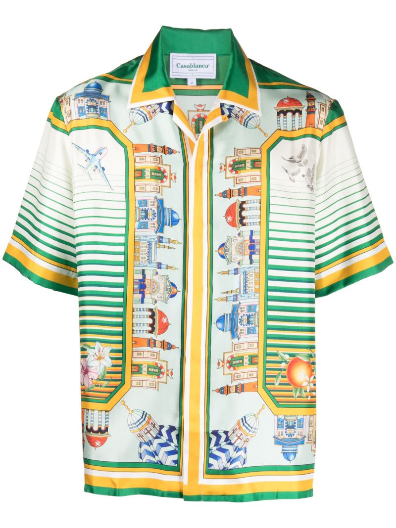 White Monuments-print Silk Shirt
