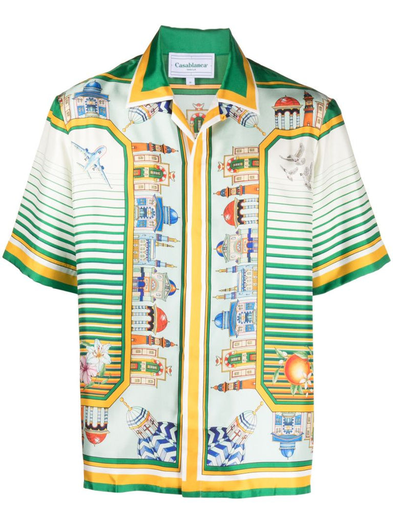 White Monuments-print Silk Shirt