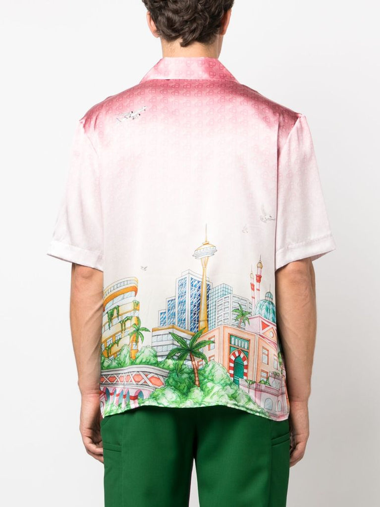 Pink Morning City View-print Silk Shirt