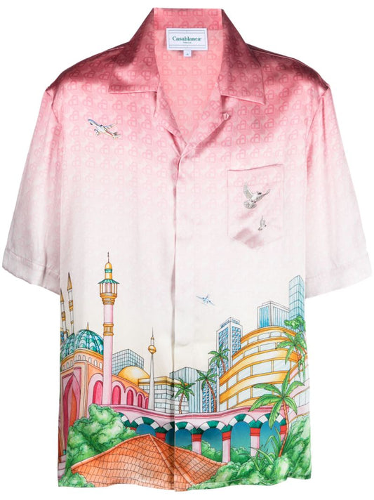 Pink Morning City View-print Silk Shirt