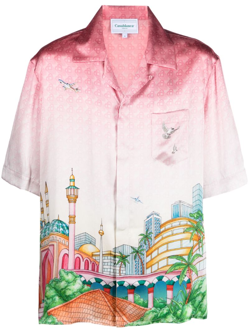 Pink Morning City View-print Silk Shirt
