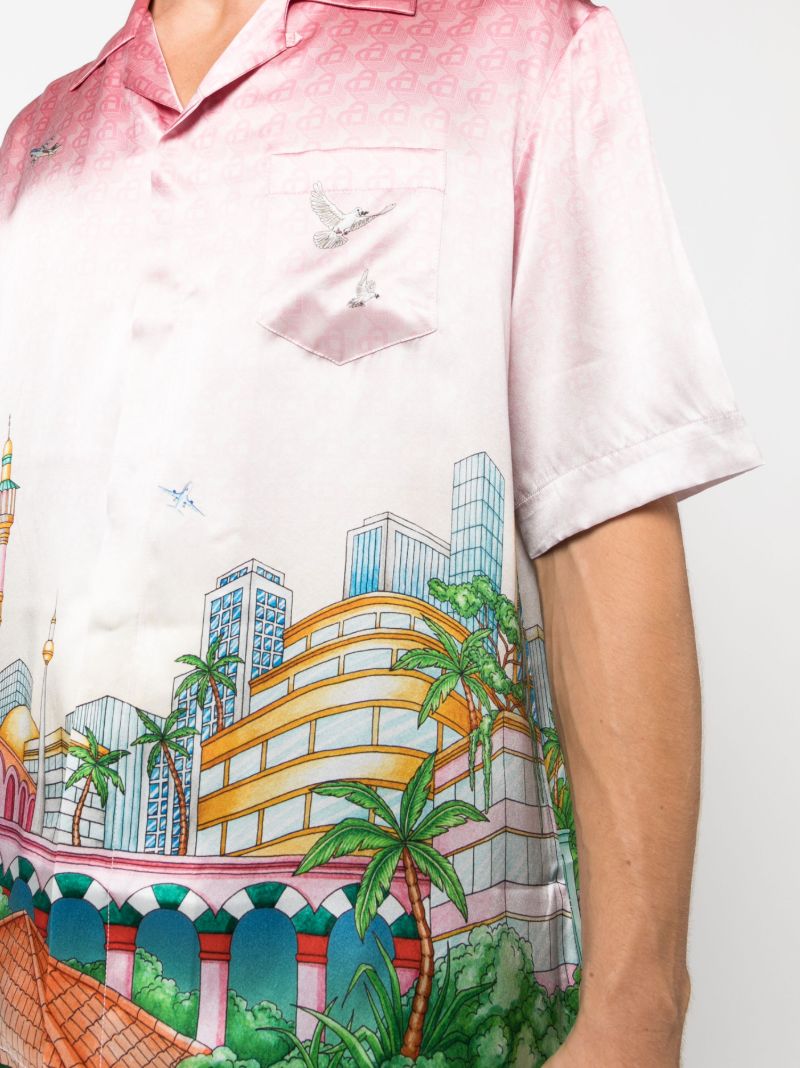 Pink Morning City View-print Silk Shirt