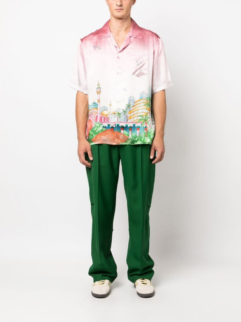 Pink Morning City View-print Silk Shirt