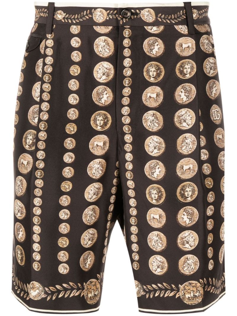 Brown Coin-print Silk Bermuda Shorts