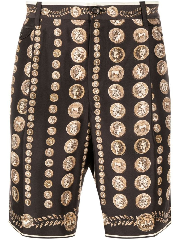 Brown Coin-print Silk Bermuda Shorts