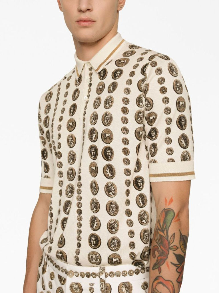 Neutral Coin Print Silk Polo Shirt