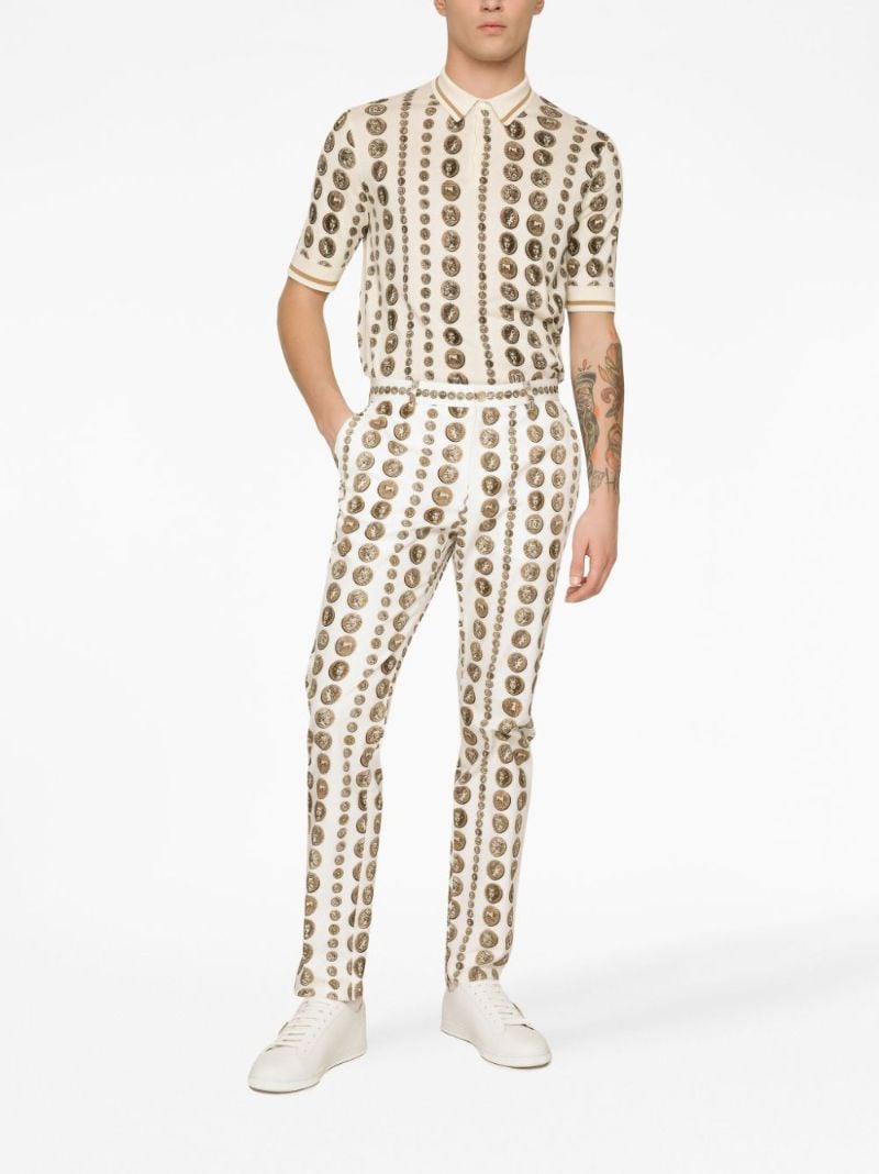 Neutral Coin Print Silk Polo Shirt