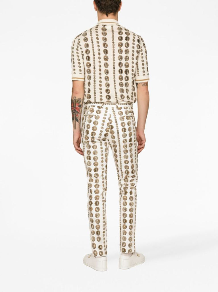 Neutral Coin Print Silk Polo Shirt