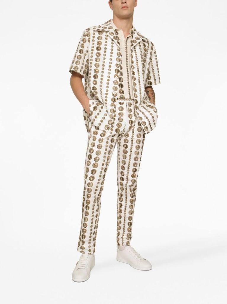 Neutral Coin Print Silk Polo Shirt