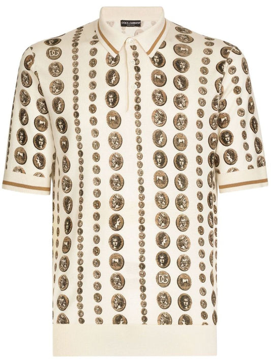 Neutral Coin Print Silk Polo Shirt