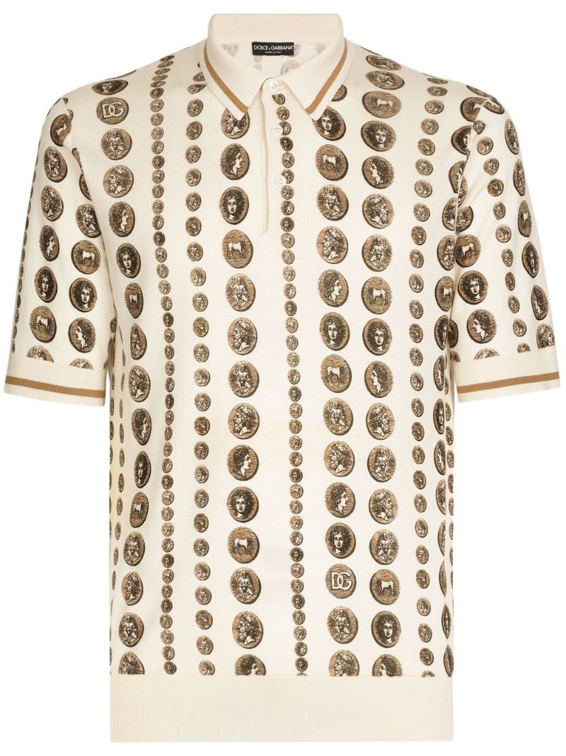 Neutral Coin Print Silk Polo Shirt
