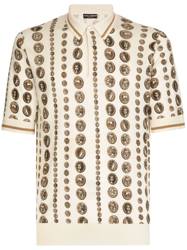 Neutral Coin Print Silk Polo Shirt