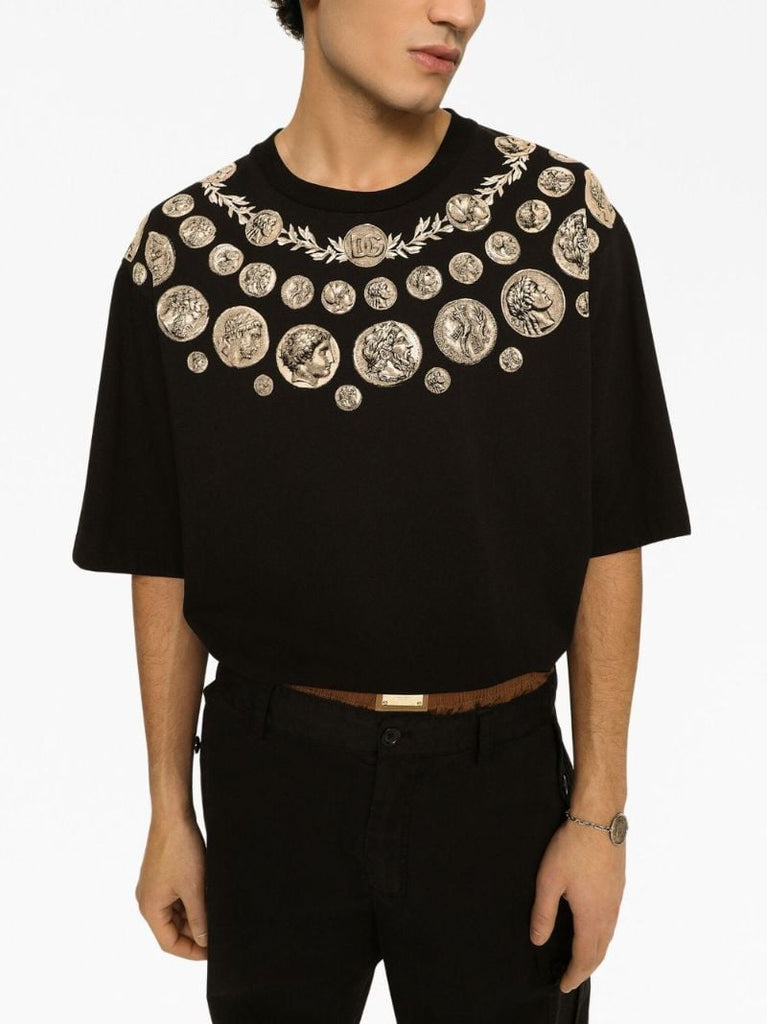 Black Coin Print Cotton T-shirt