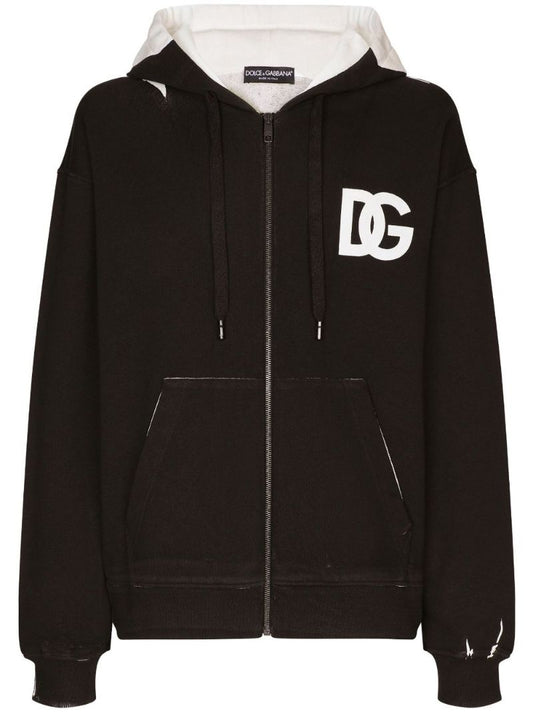 Black Cotton Logo Print Hoodie