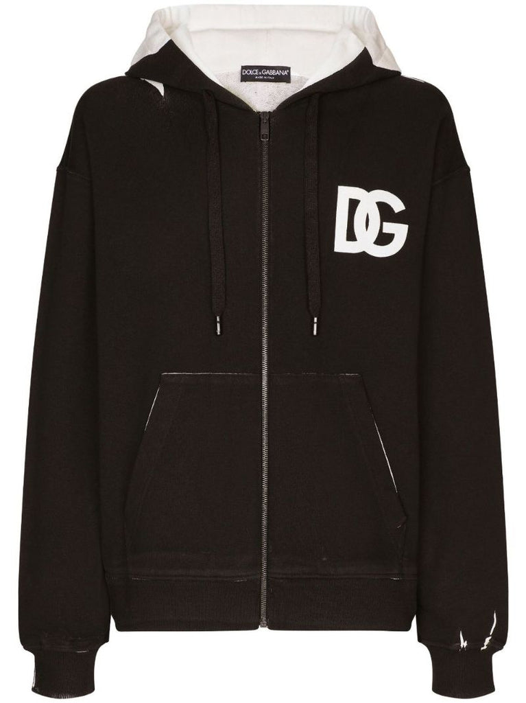 Black Cotton Logo Print Hoodie