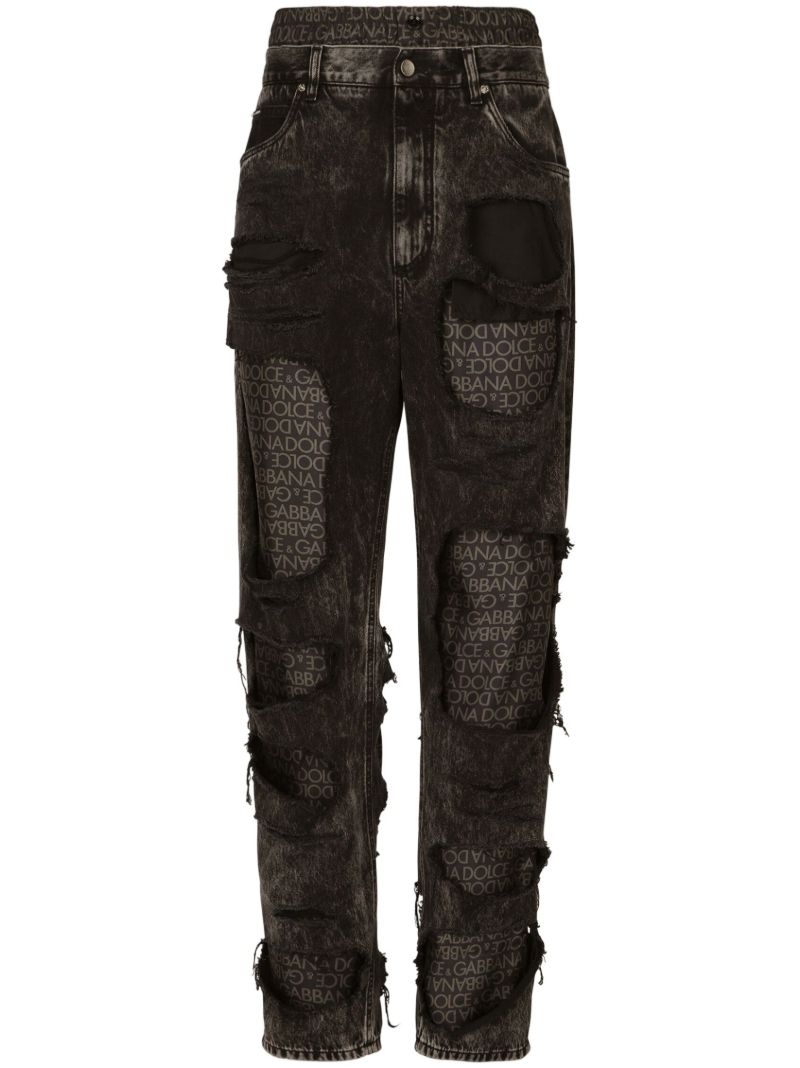 Black Logo-print Ripped Jeans