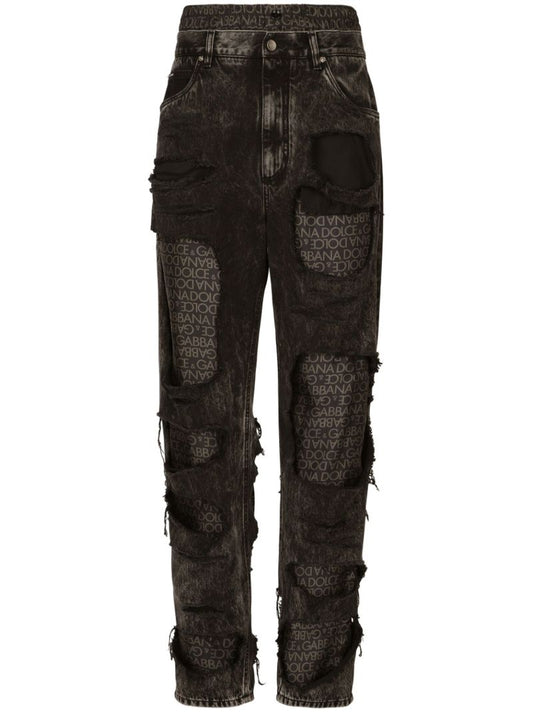 Black Logo-print Ripped Jeans