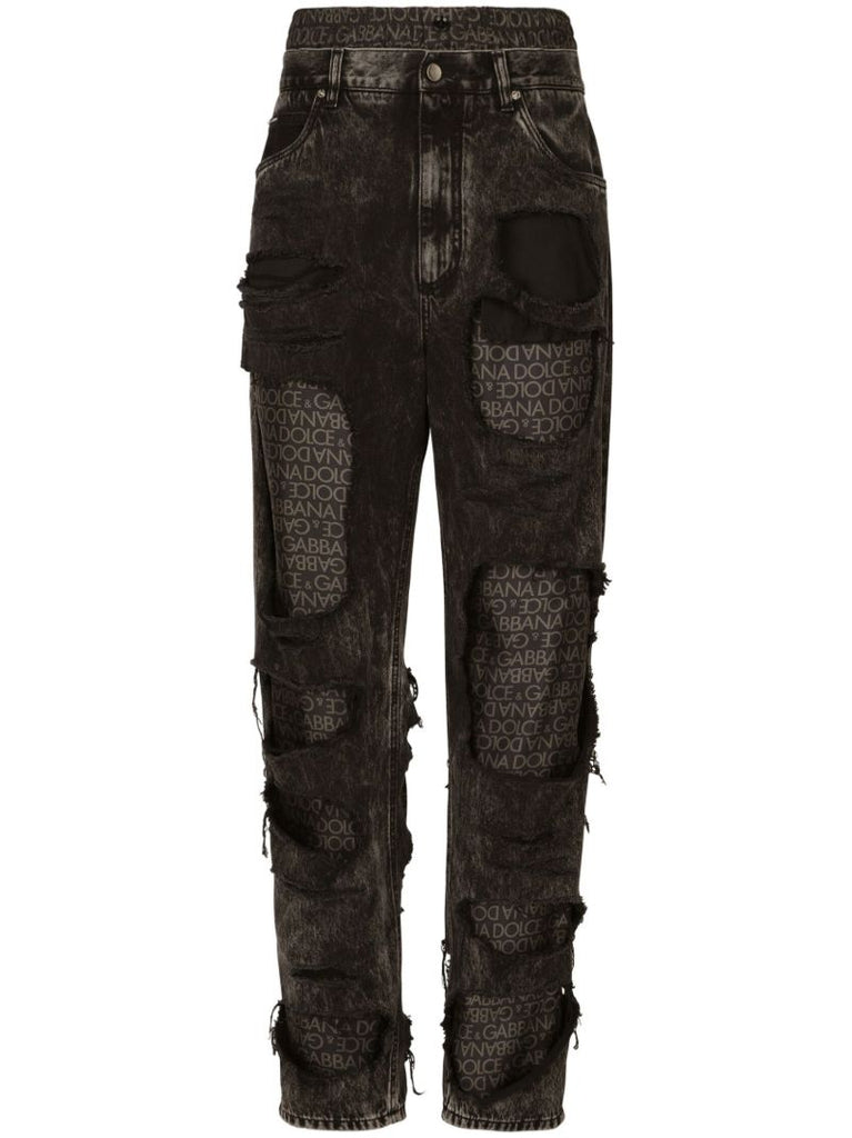 Black Logo-print Ripped Jeans