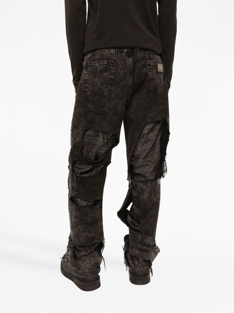 Black Logo-print Ripped Jeans