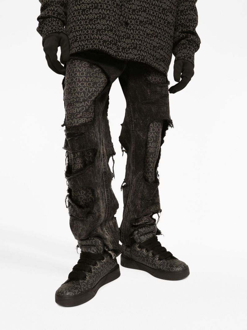 Black Logo-print Ripped Jeans