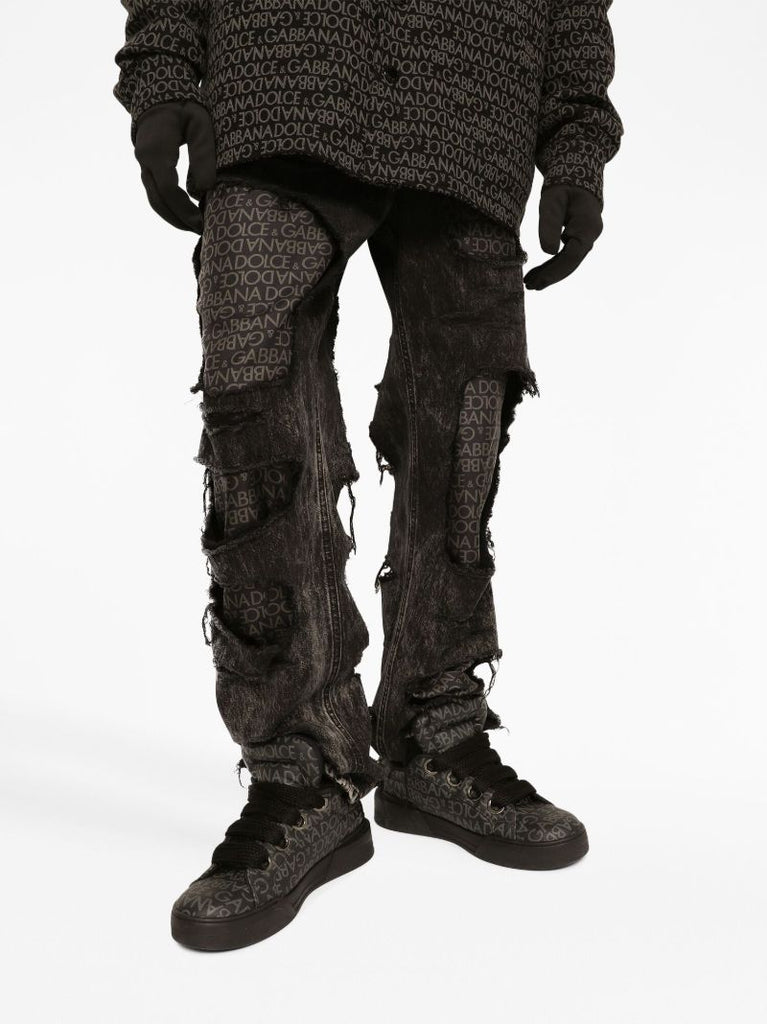 Black Logo-print Ripped Jeans