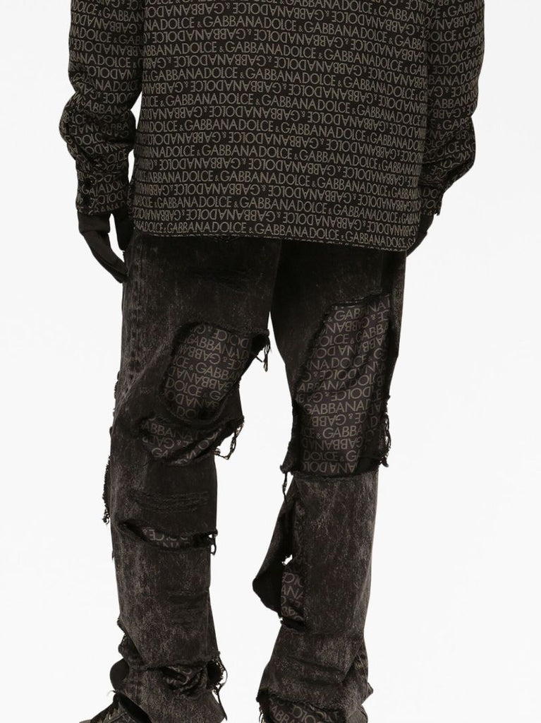 Black Logo-print Ripped Jeans