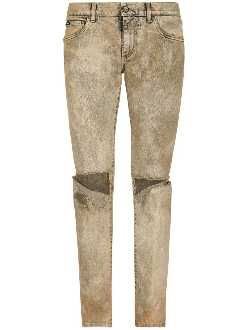 Neutral Ripped Cotton Slim Jeans